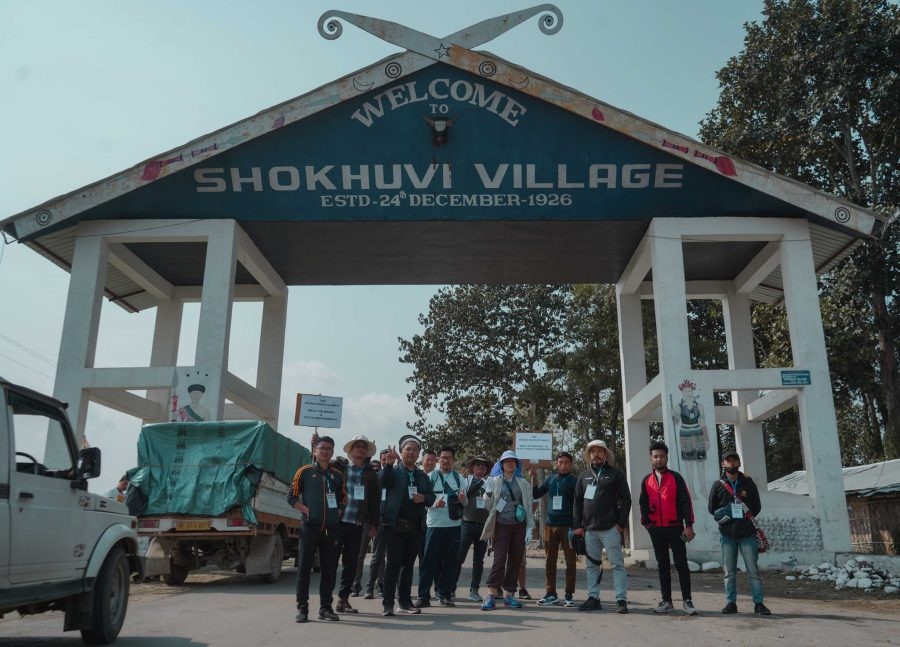 The Rising People’s Party (RPP) team outside the Shukhovi village gate on the Day I of its ‘Walk To Save Nagaland’ on February 21. (Photo Courtesy: RPP/Facebook)